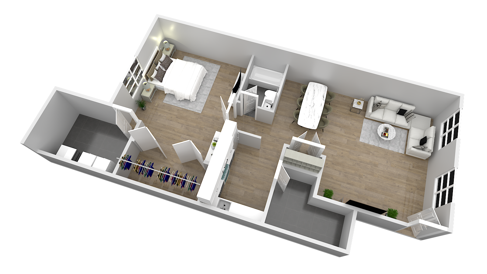 Floor plan for 1 bed, 1 bath, 750 sqft